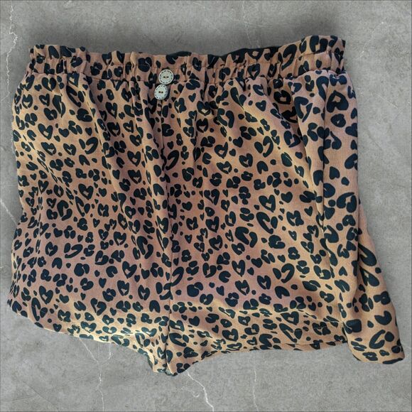 Shein Silky Leopard Print Spots Ruffle Stretch Waist Shorts Black/Brown Large - Picture 1 of 6